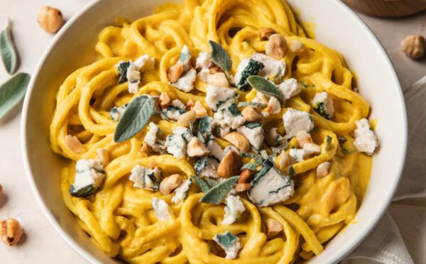 Creamy Squash And Blue Cheese Pasta with vegan blue cheese alternative and hazelnuts