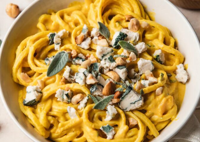 Creamy Squash And Blue Cheese Pasta with vegan blue cheese alternative and hazelnuts