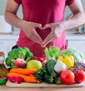 Photo shows an athletic-looking man making a heart shape with his hands above a large pile of plant-based foods, including fruit, vegetables, and olive oil. The American Heart Association (AHA) recently updated its guidelines for cardiovascular health and recommends that people eat more plant protein and less meat
