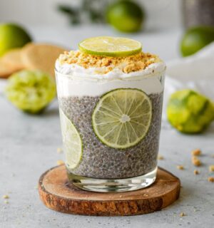Key Lime Pie Chia Pudding with digestive biscuits, maple syrup, and whipped coconut cream