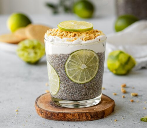 Key Lime Pie Chia Pudding with digestive biscuits, maple syrup, and whipped coconut cream