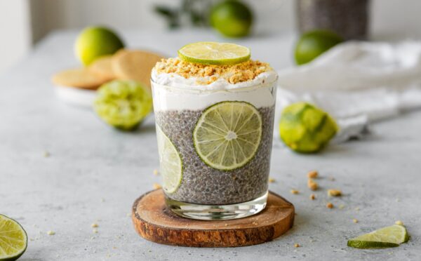 Key Lime Pie Chia Pudding with digestive biscuits, maple syrup, and whipped coconut cream
