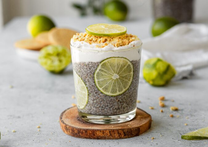 Key Lime Pie Chia Pudding with digestive biscuits, maple syrup, and whipped coconut cream