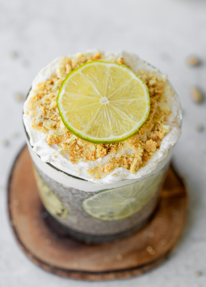 Key Lime Pie Chia Pudding with digestive biscuits, maple syrup, and whipped coconut cream