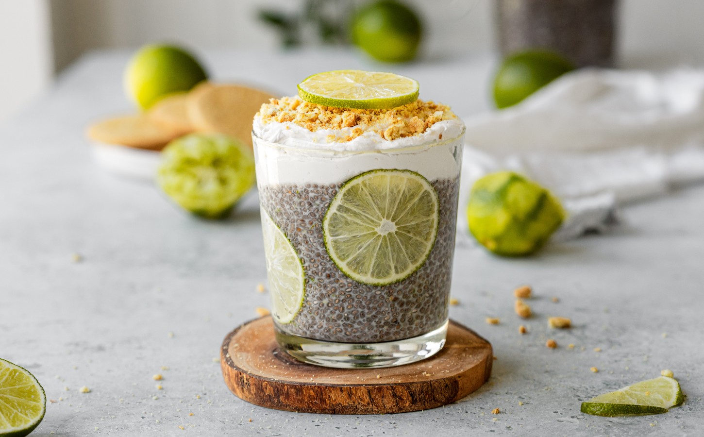 Key Lime Pie Chia Pudding with digestive biscuits, maple syrup, and whipped coconut cream