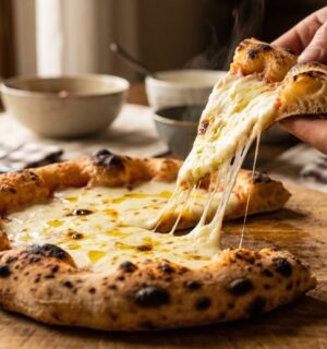 Photo shows someone lifting up a slice of pizza and getting the signature "pull" from the stretchy cheese. Scientists have managed to make a low-fat vegan cheese with ‘superior meltability.’