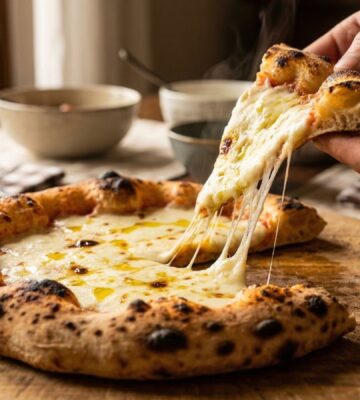 Photo shows someone lifting up a slice of pizza and getting the signature "pull" from the stretchy cheese. Scientists have managed to make a low-fat vegan cheese with ‘superior meltability.’