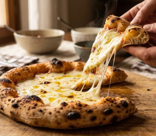 Photo shows someone lifting up a slice of pizza and getting the signature "pull" from the stretchy cheese. Scientists have managed to make a low-fat vegan cheese with ‘superior meltability.’