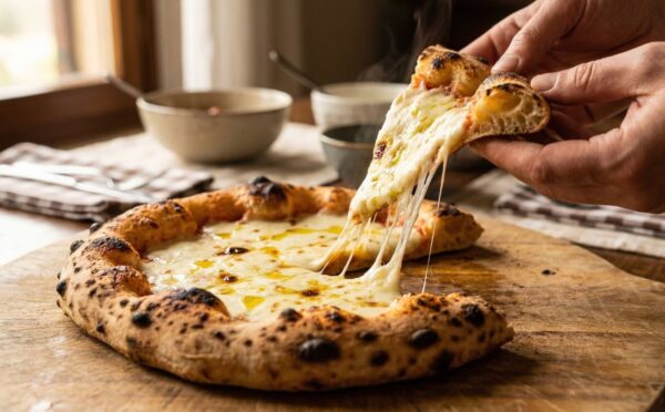 Photo shows someone lifting up a slice of pizza and getting the signature "pull" from the stretchy cheese. Scientists have managed to make a low-fat vegan cheese with ‘superior meltability.’