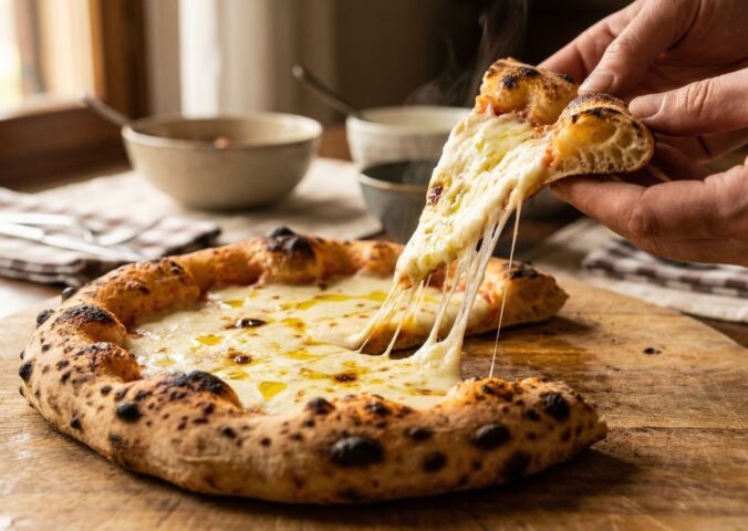 Photo shows someone lifting up a slice of pizza and getting the signature "pull" from the stretchy cheese. Scientists have managed to make a low-fat vegan cheese with ‘superior meltability.’