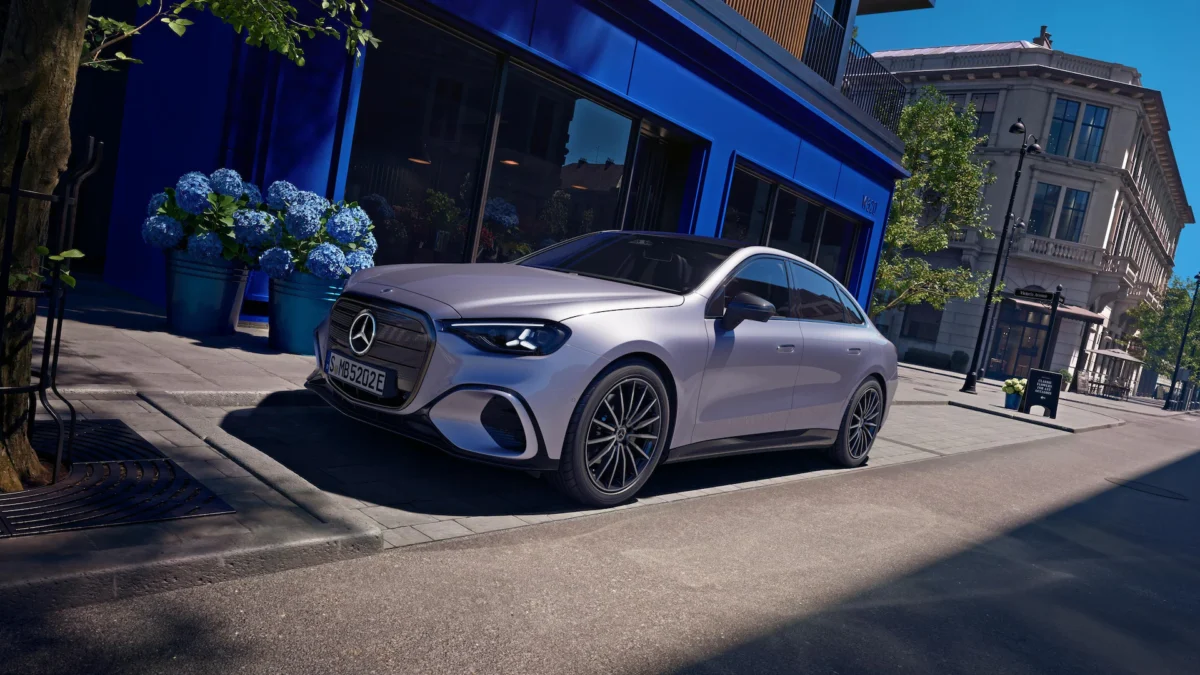 Photo shows the new Mercedes-Benz C-Class, an all-electric saloon car featuring The Vegan Society's Vegan Trademark