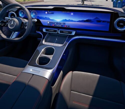 Photo shows the new Mercedes-Benz C-Class, an all-electric saloon car featuring The Vegan Society's Vegan Trademark