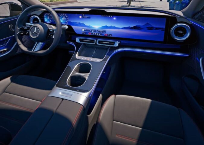 Photo shows the new Mercedes-Benz C-Class, an all-electric saloon car featuring The Vegan Society's Vegan Trademark