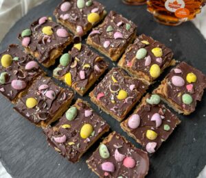Millionaire Mini Egg Maple Shortbread with date caramel and vegan mini eggs