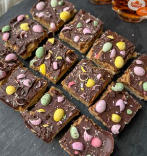 Millionaire Mini Egg Maple Shortbread with date caramel and vegan mini eggs