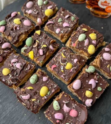 Millionaire Mini Egg Maple Shortbread with date caramel and vegan mini eggs