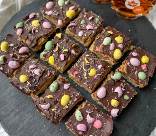 Millionaire Mini Egg Maple Shortbread with date caramel and vegan mini eggs