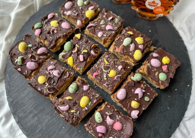 Millionaire Mini Egg Maple Shortbread with date caramel and vegan mini eggs