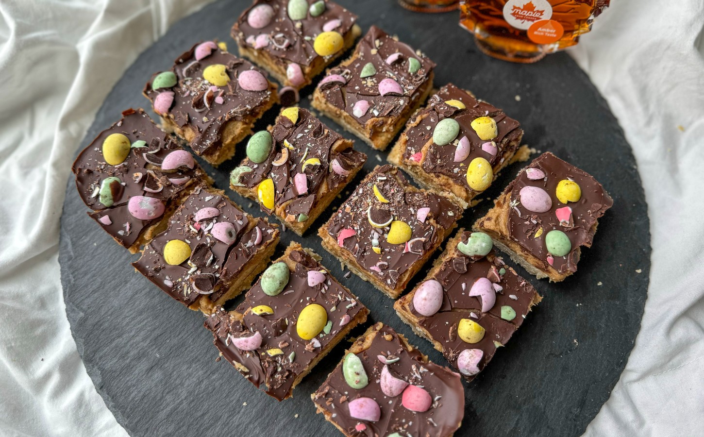 Millionaire Mini Egg Maple Shortbread with date caramel and vegan mini eggs
