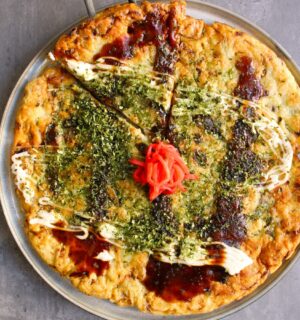 Okonomiyaki with cabbage, yam, and tofu