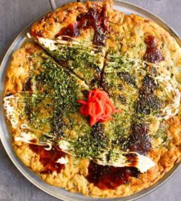 Okonomiyaki with cabbage, yam, and tofu