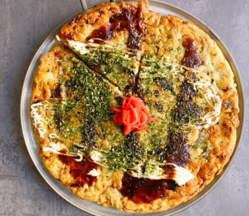 Okonomiyaki with cabbage, yam, and tofu