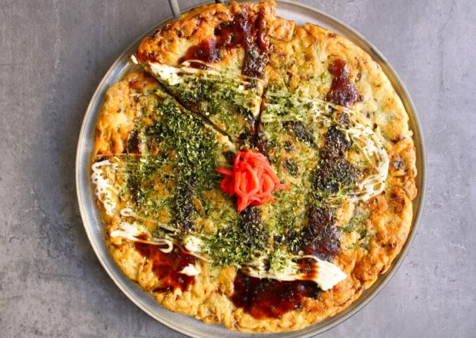 Okonomiyaki with cabbage, yam, and tofu