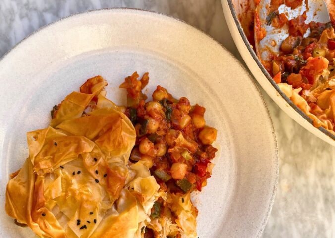 tomato spinach and chickpea filo pie
