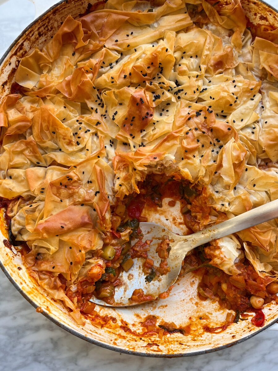 tomato spinach and chickpea filo pie