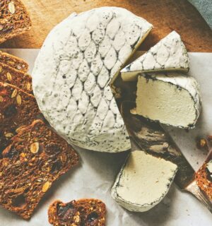 A wheel of snow white rind vegan cheese like brie or camembert for vegan charcuterie