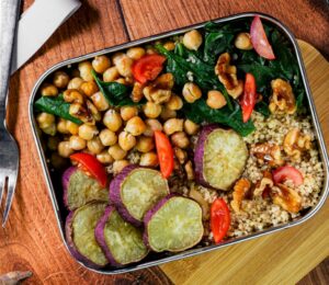 sweet potato, chickpea and baby spinach lunch box for gluten-free lunch ideas