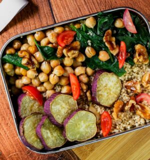 sweet potato, chickpea and baby spinach lunch box for gluten-free lunch ideas