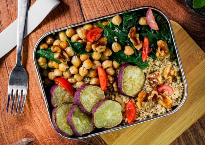 sweet potato, chickpea and baby spinach lunch box for gluten-free lunch ideas