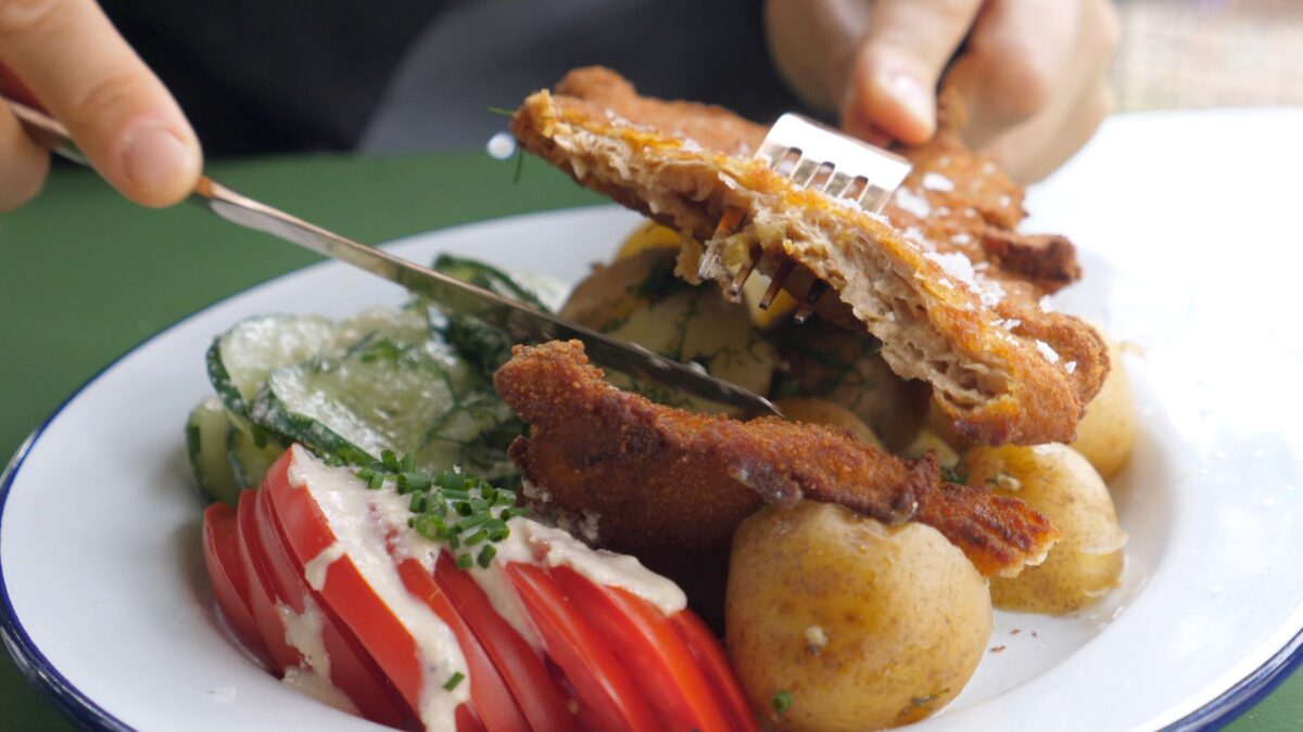 Photo shows someone cutting up a steak-style cut of plant-based meat with vegetables and salad