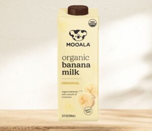 Photo shows a carton of Mooala's banana milk on a stock image of a kitchen worktop. Today is National Banana Day, which Mooala described as “the perfect excuse” to try its vegan, organic banana milk