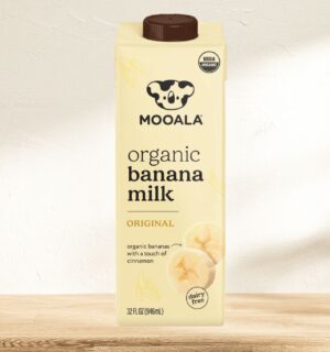 Photo shows a carton of Mooala's banana milk on a stock image of a kitchen worktop. Today is National Banana Day, which Mooala described as “the perfect excuse” to try its vegan, organic banana milk