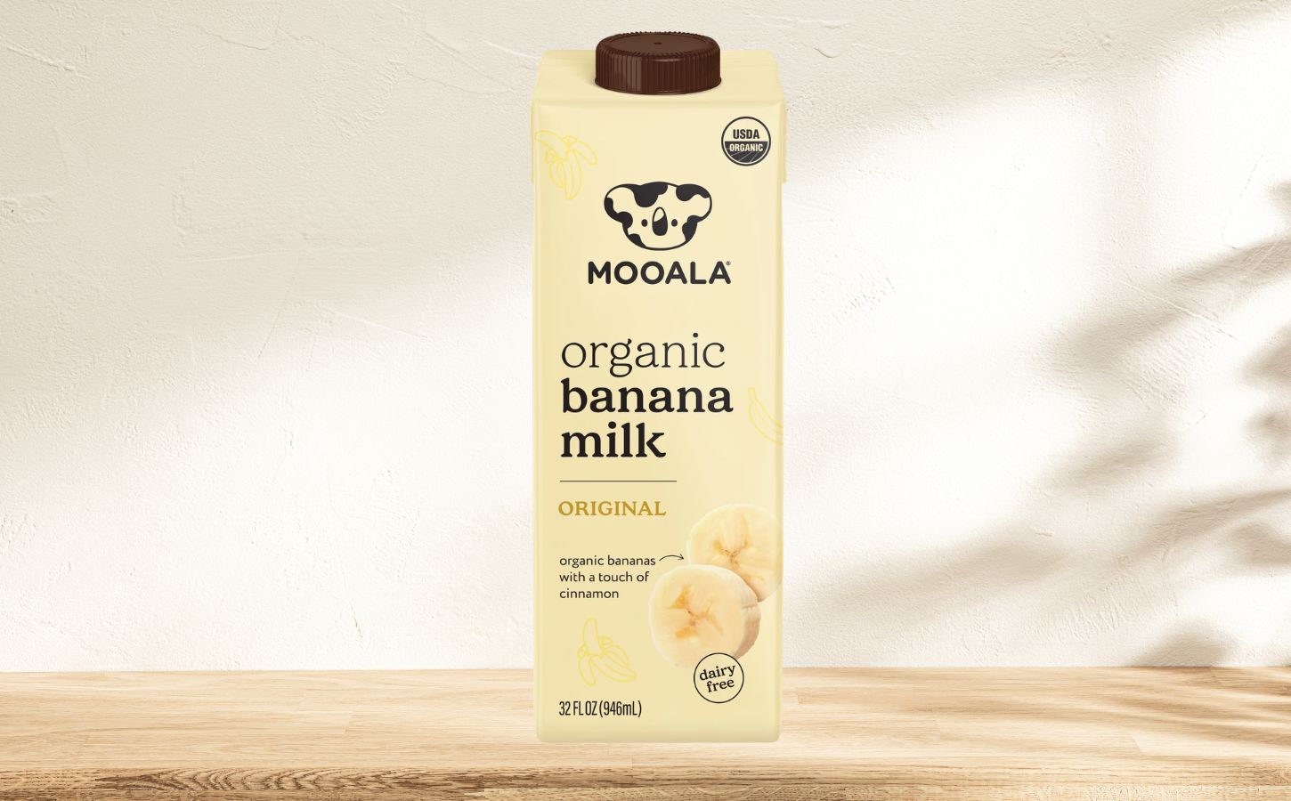 Photo shows a carton of Mooala's banana milk on a stock image of a kitchen worktop. Today is National Banana Day, which Mooala described as “the perfect excuse” to try its vegan, organic banana milk