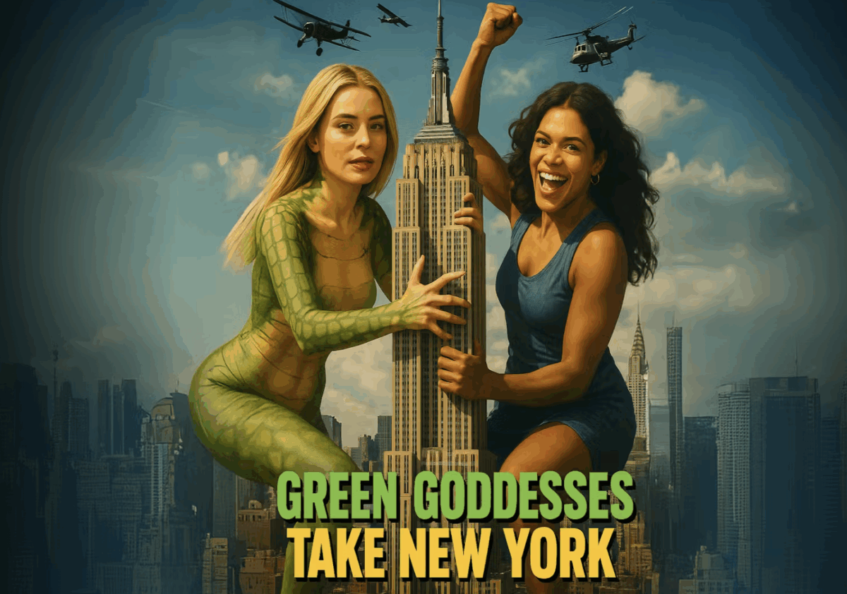 Photo shows the poster for Green Goddesses Take New York, a reality comedy show from UnchainedTV that follows follows real life friends Justina Adorno and Jamie Logan as they get body-painted as endangered fish and do yoga in Times Square