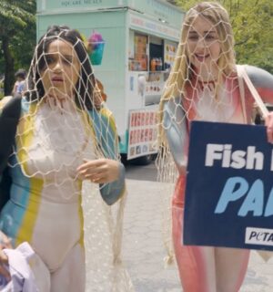 Photo shows a scene from the pilot episode of Green Goddesses Take New York, a reality comedy show from UnchainedTV that follows follows real life friends Justina Adorno and Jamie Logan as they get body-painted as endangered fish and do yoga in Times Square