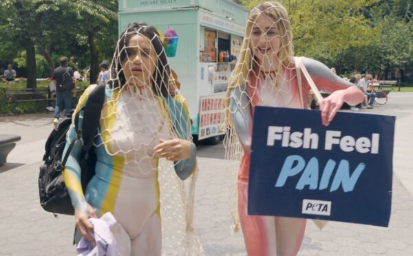 Photo shows a scene from the pilot episode of Green Goddesses Take New York, a reality comedy show from UnchainedTV that follows follows real life friends Justina Adorno and Jamie Logan as they get body-painted as endangered fish and do yoga in Times Square