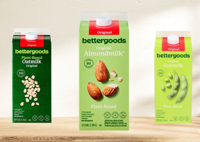 Photo shows the soy, almond, and oat milk drinks produced as part of Walmart's Bettergoods line. A Florida class-action lawsuit is arguing that Walmart’s milk alternatives contain non-plant-based ingredients