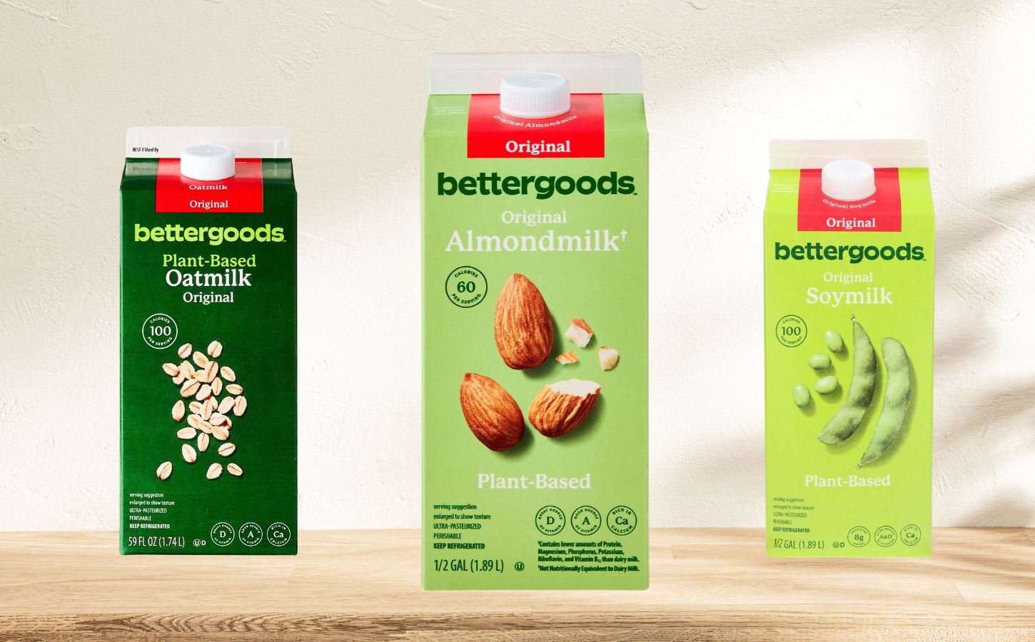 Photo shows the soy, almond, and oat milk drinks produced as part of Walmart's Bettergoods line. A Florida class-action lawsuit is arguing that Walmart’s milk alternatives contain non-plant-based ingredients