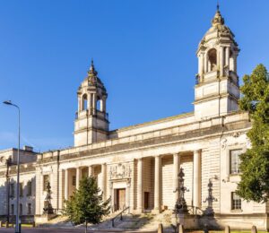 Photo shows the Cardiff Crown Court, where Evan Williams, a Welsh Grand National-winning horse trainer was convicted for grievous bodily harm (GBH) with intent - he will be jailed for three years
