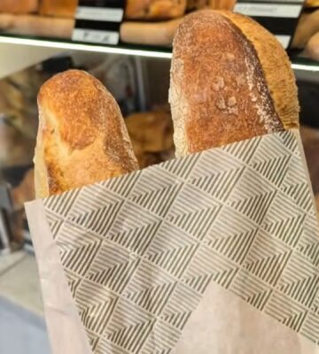 Two baguettes in a paper bag inside a Parisian bakery, with a display of baked goods in the background, illustrating how bread can contribute to daily vegan protein intake