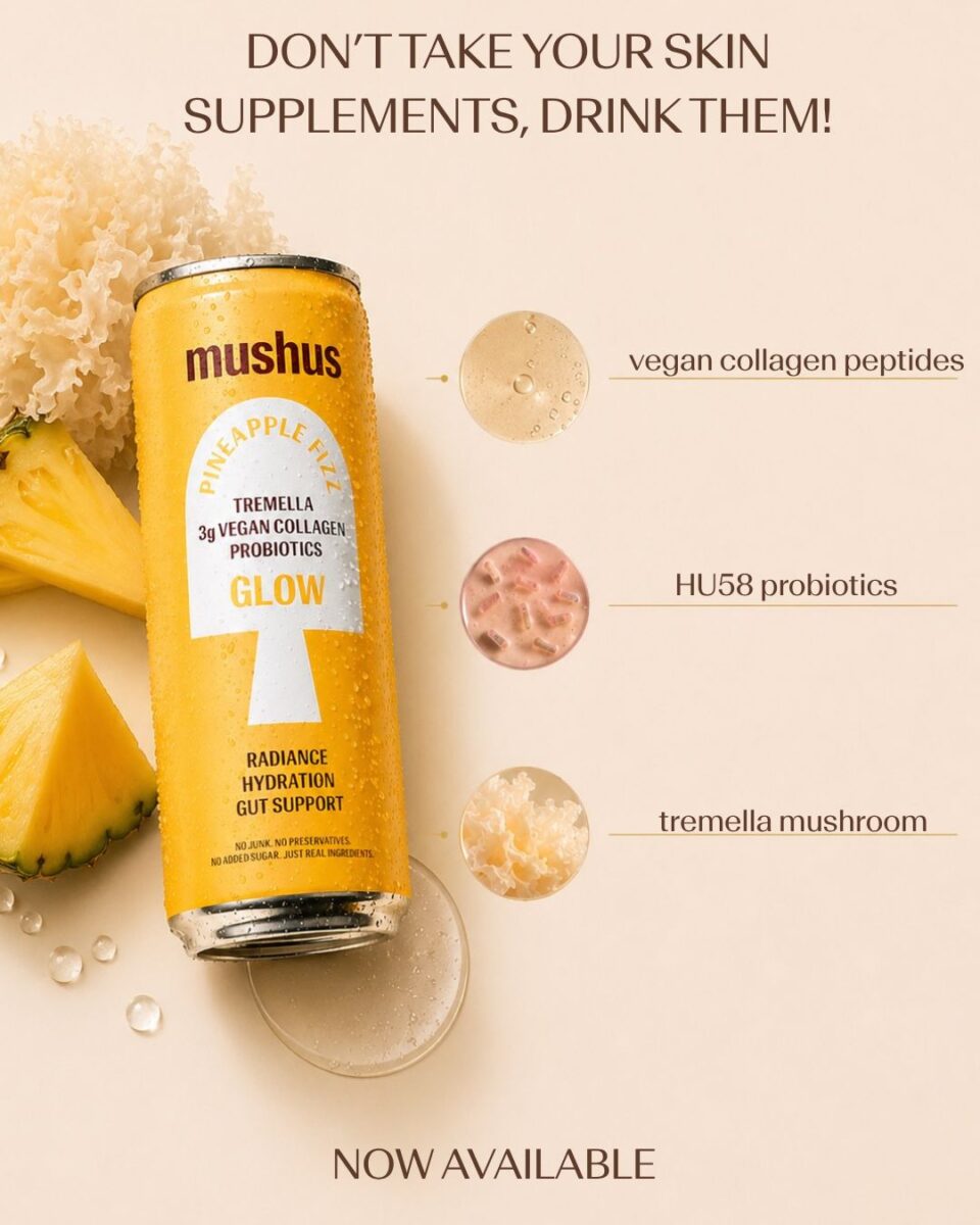 Photo shows a promotional infographic featuring a tin of Mushus and information about its nutritional content. Met Foods just launched Mushus, a range of sparkling, functional fruit drinks that target beauty and gut health