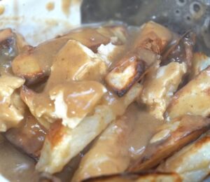 Schinner's vegan poutine recipe yielded this bowl of French fries topped with tofu cheese curds and mushroom gravy