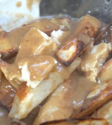 Schinner's vegan poutine recipe yielded this bowl of French fries topped with tofu cheese curds and mushroom gravy