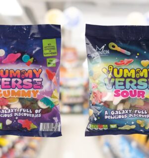 Photo shows the two new flavors of Yummy Verse Gummy sweets - classic (left) and sour (right) - against a blurry supermarket background. Aldi's new Haribo Starmix-style sweets are vegan