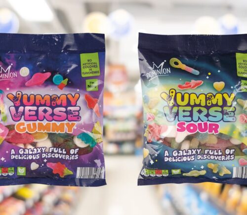 Photo shows the two new flavors of Yummy Verse Gummy sweets - classic (left) and sour (right) - against a blurry supermarket background. Aldi's new Haribo Starmix-style sweets are vegan