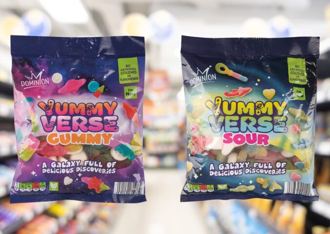 Photo shows the two new flavors of Yummy Verse Gummy sweets - classic (left) and sour (right) - against a blurry supermarket background. Aldi's new Haribo Starmix-style sweets are vegan